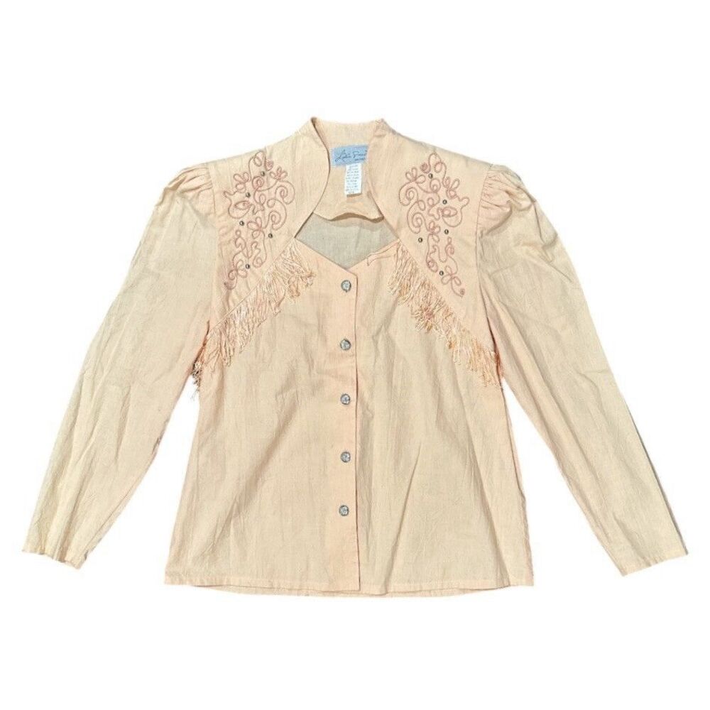 Vintage 80s Lilia Guilty Western Blouse Shirt USA Fringe Rodeo Embroidered Sz M